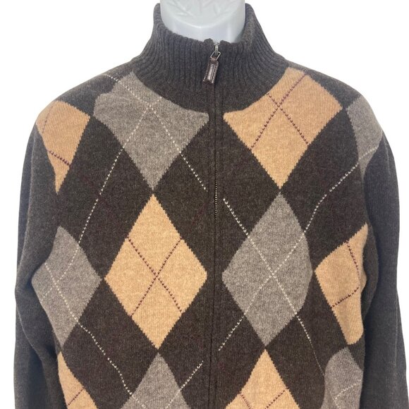 J Crew Argyle Full Zip Lambs Wool Sweater Mens Large Brown Preppy Grandpa - Picture 2 of 12